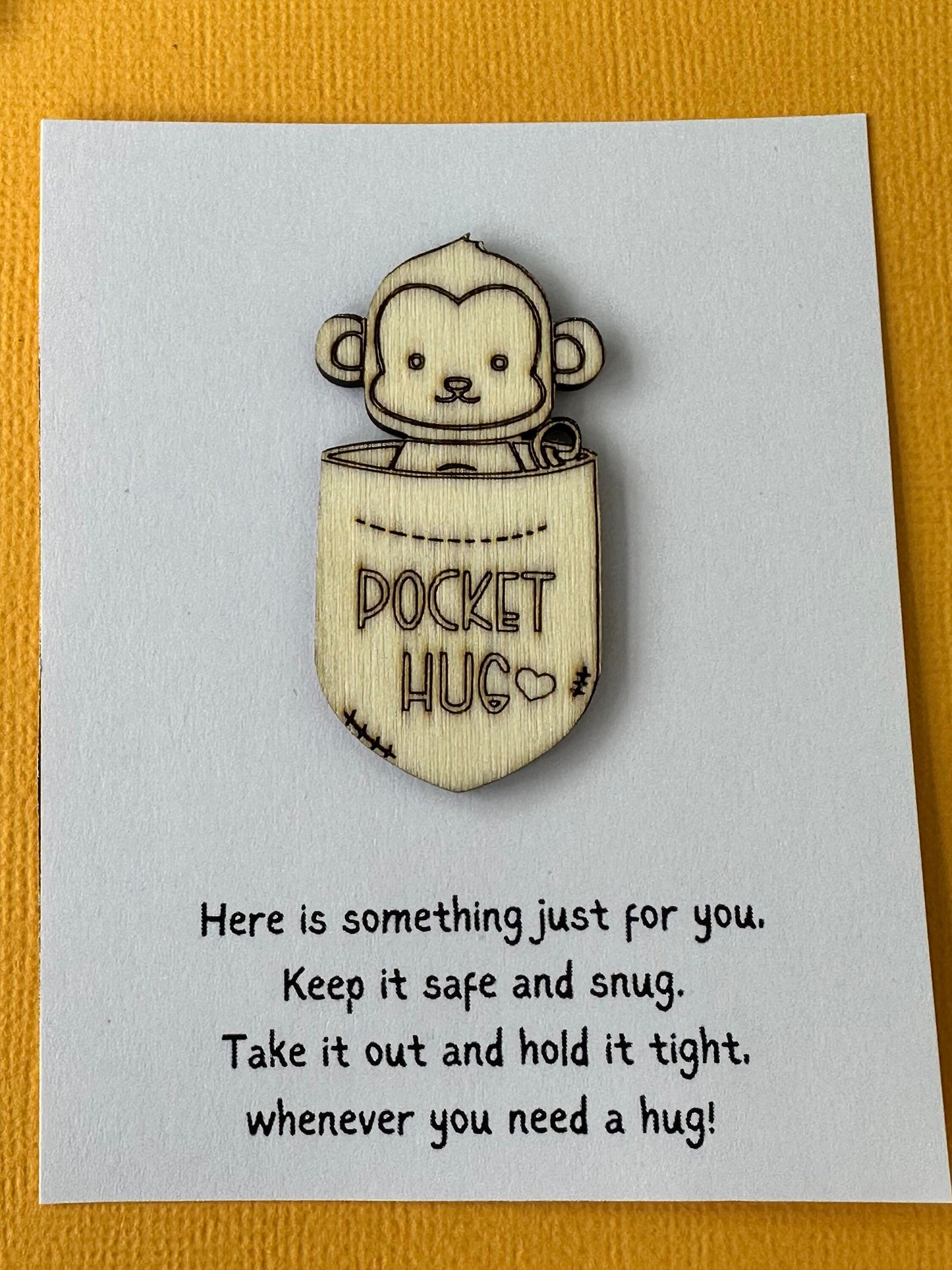 pocket hug, miss you, good luck, animal, charm, laser cut, scored wood, first day at school, monkey
