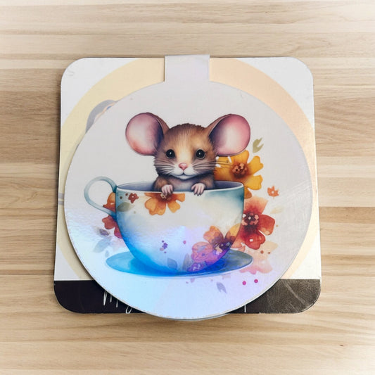 Mouse in Teacup Holographic Magnetic Bookmark