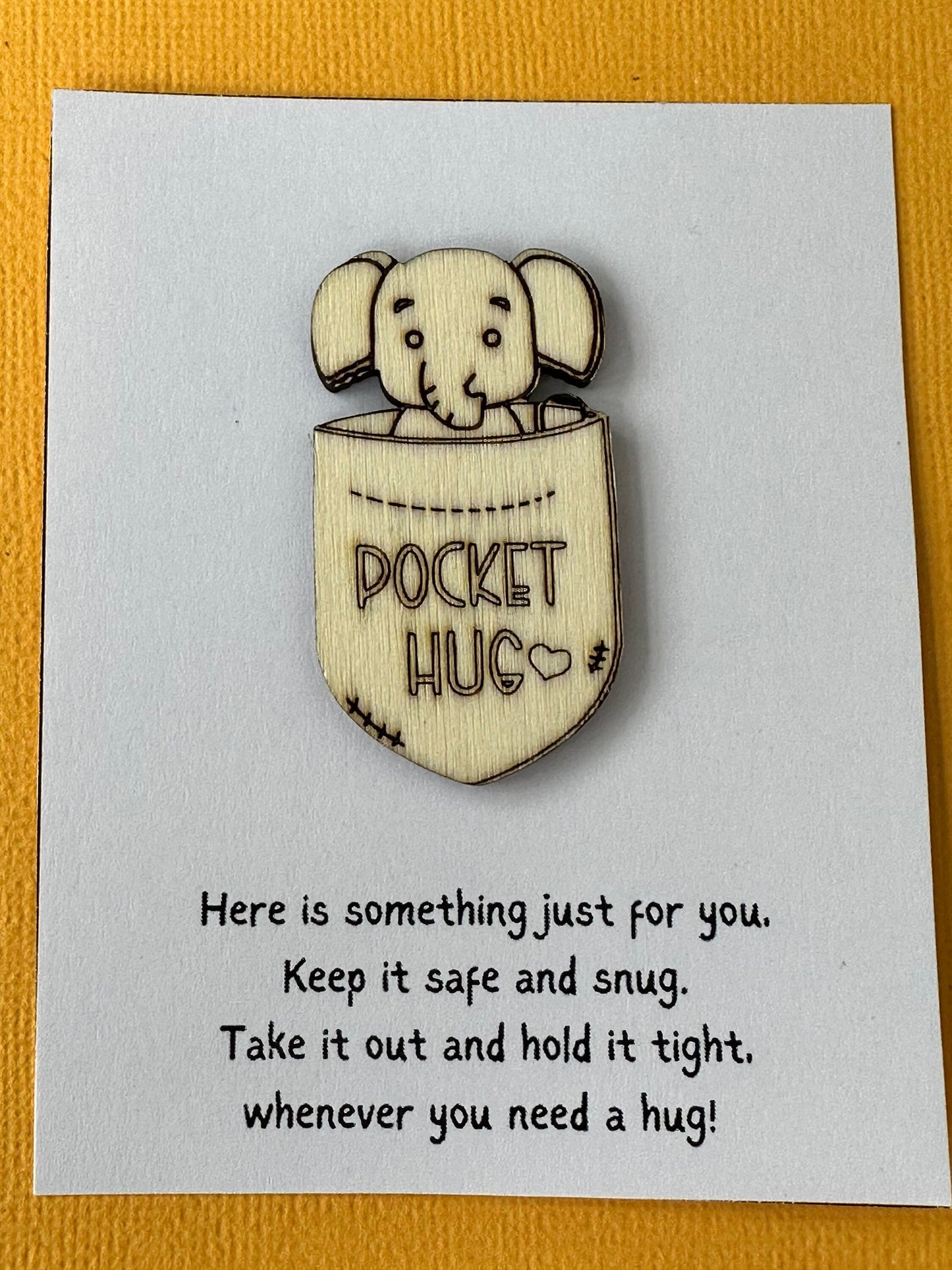 pocket hug, miss you, good luck, animal, charm, laser cut, scored wood, first day at school, elephant