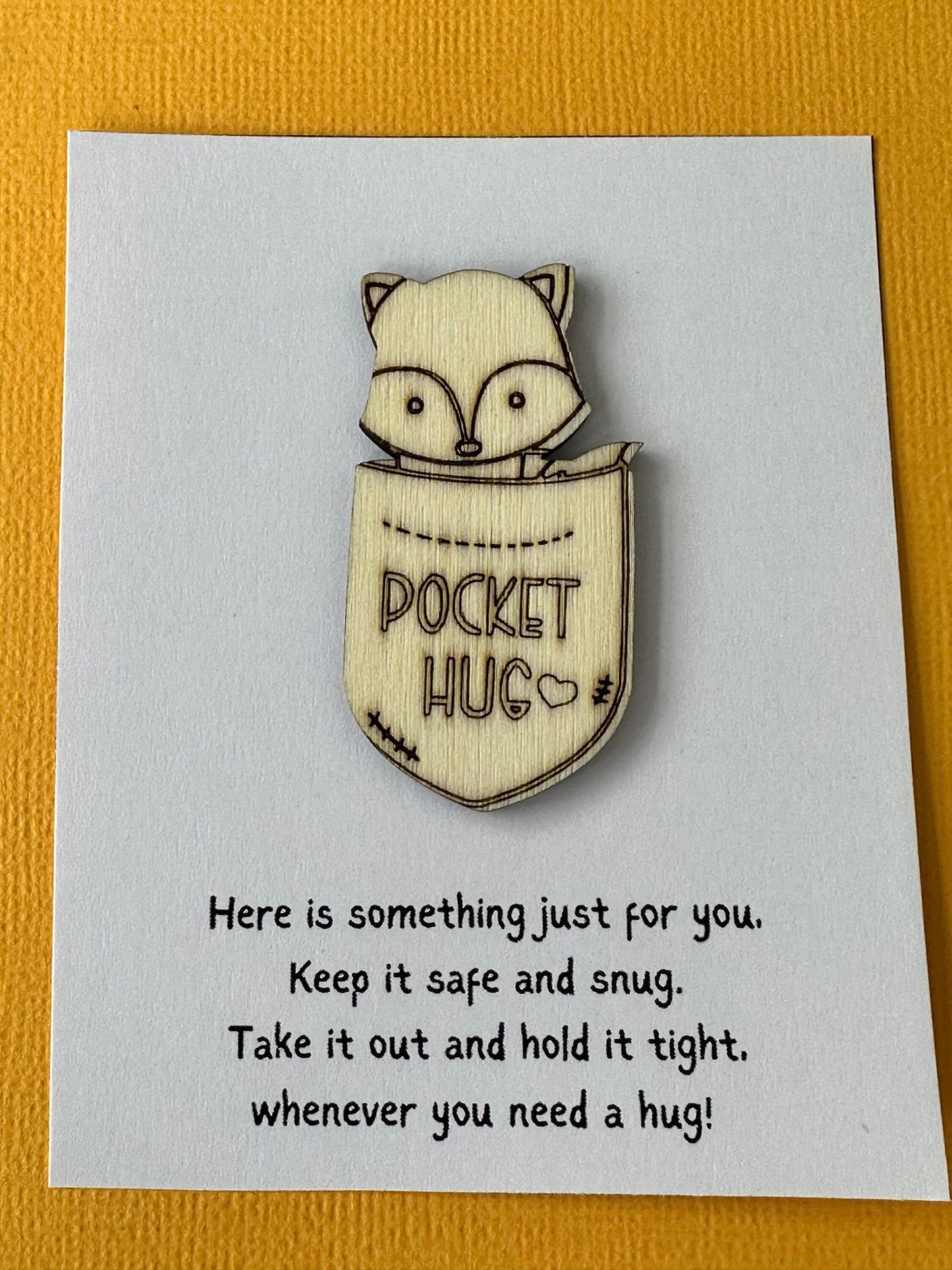 pocket hug, miss you, good luck, animal, charm, laser cut, scored wood, first day at school, fox