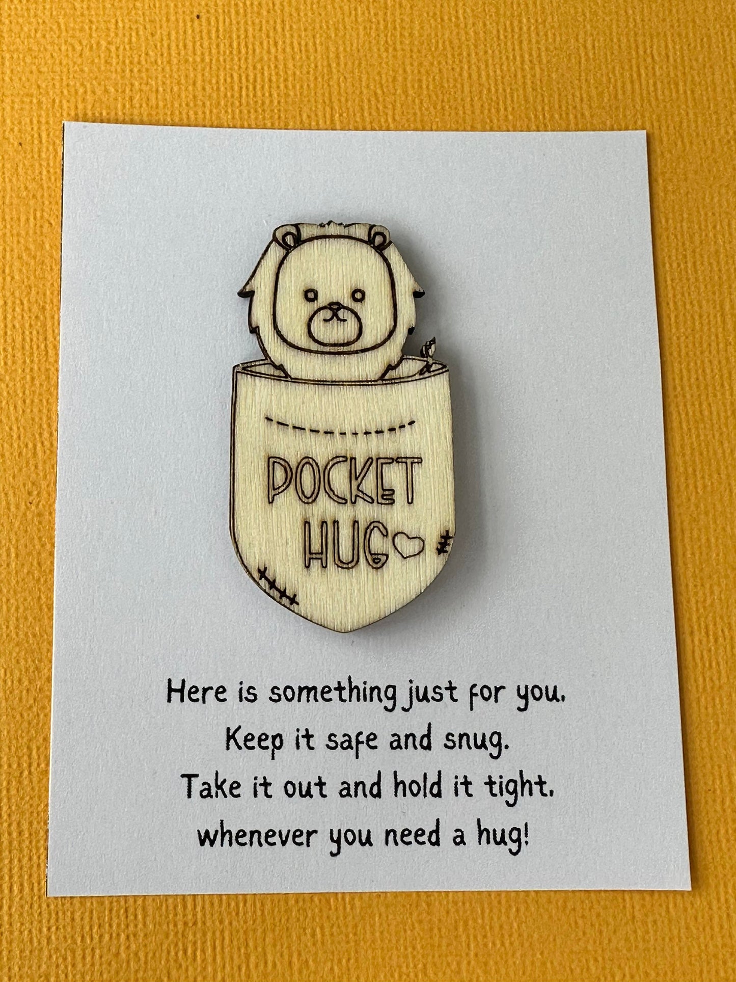 pocket hug, miss you, good luck, animal, charm, laser cut, scored wood, first day at school, lion